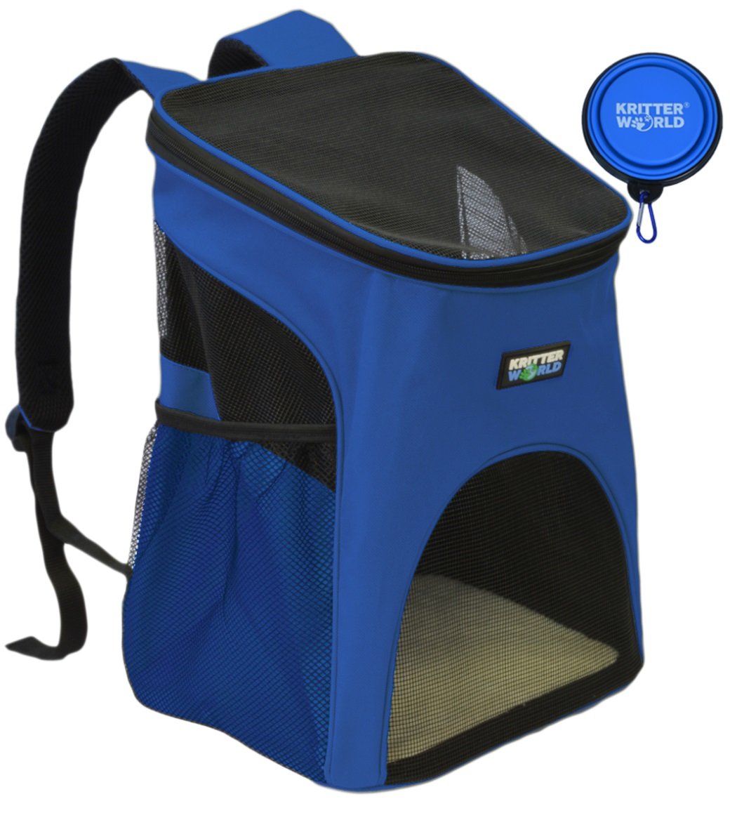 KritterWorld Pet Carrier Backpack for Small Dogs, Puppies, Cats, Kittens Up to 7lbs, Free Collapsible Dog Bowl Included, Comfort Mesh Pup Pack Great for A Walk, Travel, Hiking and Cycling, Blue