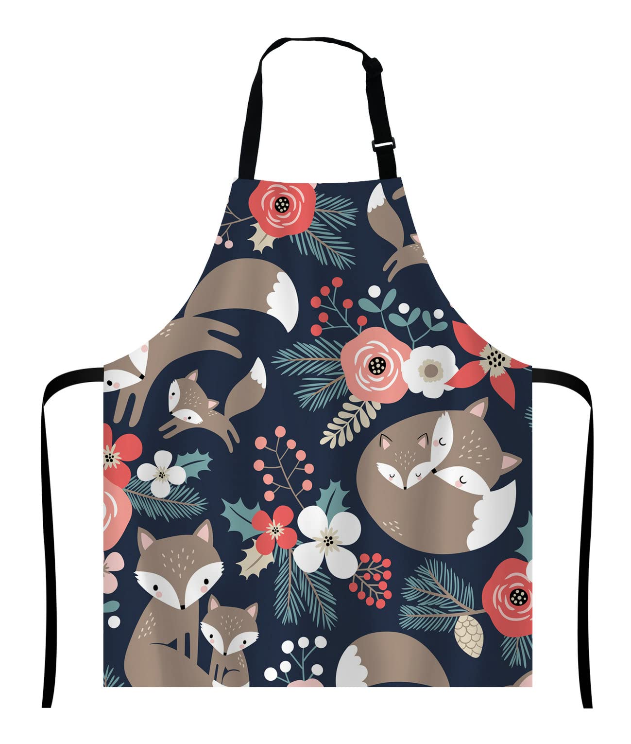 Wasach Cute Fox Family and Flowers Bib with Adjustable Neck for Men Women,Suitable for Home Kitchen Cooking Waitress Chef Grill Bistro Baking BBQ