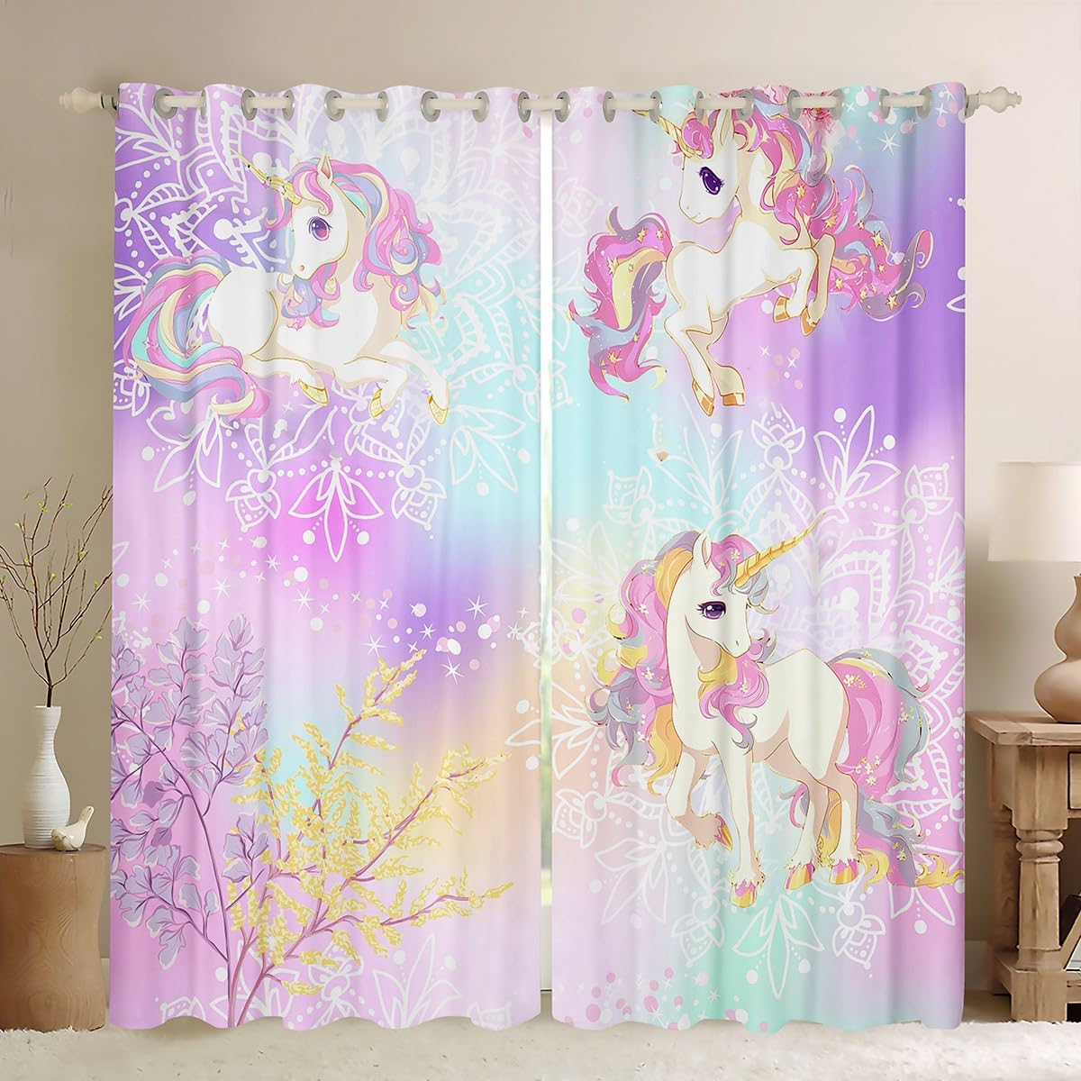 Cute Unicorn Kids Window Curtains Flower Trees Unicorn Window Drapes for Girls Adults Room Decor, Floral Rainbow Unicorn Window Treatments, Grommet Top 2 Panel Set Bedroom Curtains, 46Wx72L inch
