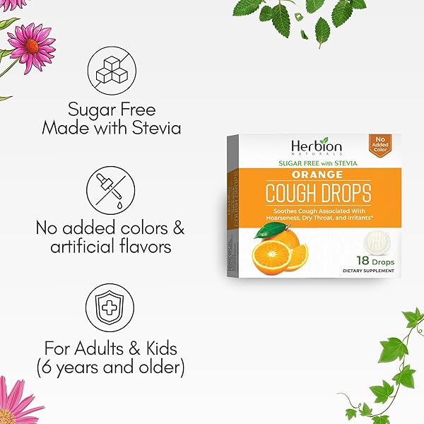 HERBION NATURALS COUGH DROPS, SUGAR-FREE WITH STEVIA, DIETARY SUPPLEMENT, SOOTHES COUGH, FOR ADULTS & CHILDREN OVER 6 YEARS,18 COUNT (PACK OF 1), ORANGE