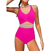 Girls Swimsuit Criss Cross Cutout One Piece Bathing Suit Color Block V Neck Back Tie Swimwear 9-16Y