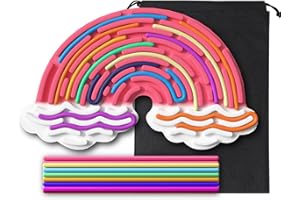 KVRG Sensory Activity Board, Rainbow Silicone Fidget Toy for Calming, Stress, Anxiety, ADHD, Autism,Sensory Toys for Inspire Kid's 3+ Creative Talents,Includes Portable Travel Bag & 12 Strings (Pink)