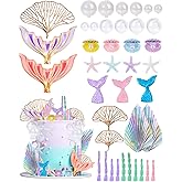 Glavatrix Mermaid Cake Toppers, 40-Piece Under the Sea Cake Decor Set, Seaweed, Bubbles, Tails, Starfish, Shells, Origami, Golden Ginkgo Leaves, for Birthday Mermaid Theme Party Supplies