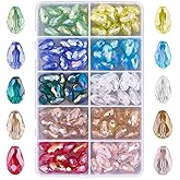 PONABEADIY 1 Box 10 Colors Teardrop Crystal Glass Beads Faceted Vertical Hole AB Color Suncatcher Chandelier Transparent Water Drop Charms Loose Bead for Jewelry Making Bracelet DIY Craft Supplies