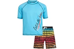 Big Chill Boys' Rash Guard Set - UPF 50+ Short Sleeve Swim Shirt and Bathing Suit Trunks - Swimwear Set for Boys (4-14)