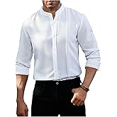 GORGLITTER Men's Pleated Button Down Shirt Long Sleeve Mock Neck Office Work Dress Tops