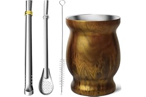 Artcome 4pc Stainless Steel Yerba Mate Cup Set - 1 8.5oz Stainless Steel Double-Wall Mate Cup(Wood), 2 Bombillas (Yerba Mate 