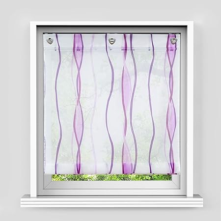 HongYa Raffrollo mit Wellen Druck Transparenter Voile Raffgardine Vorhang mit HakenösenH/B 140/120 cm Weiß Beere