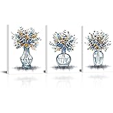 Conipit Abstract Bouquet Canvas Wall Art Blue Floral in Jar Painting Farmhouse Flower Pictures Blue Orange Blossom Painting Framed 12''X16''X3pcs