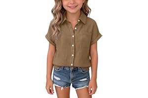 Girls Linen Shirts Short Sleeve Button Down Collared Dress Shirt Teen Summer Solid Western Blouse Loose School Uniform Tops
