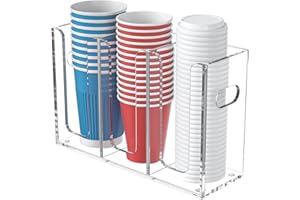 WINFFOR Disposable Cup Organizer Dispenser - 3 Compartments Clear Acrylic Cup and Lid Holder with Handles Plastic Cup Dispenser Countertop Paper Cup Holder for Coffee Bar House Party Essentials