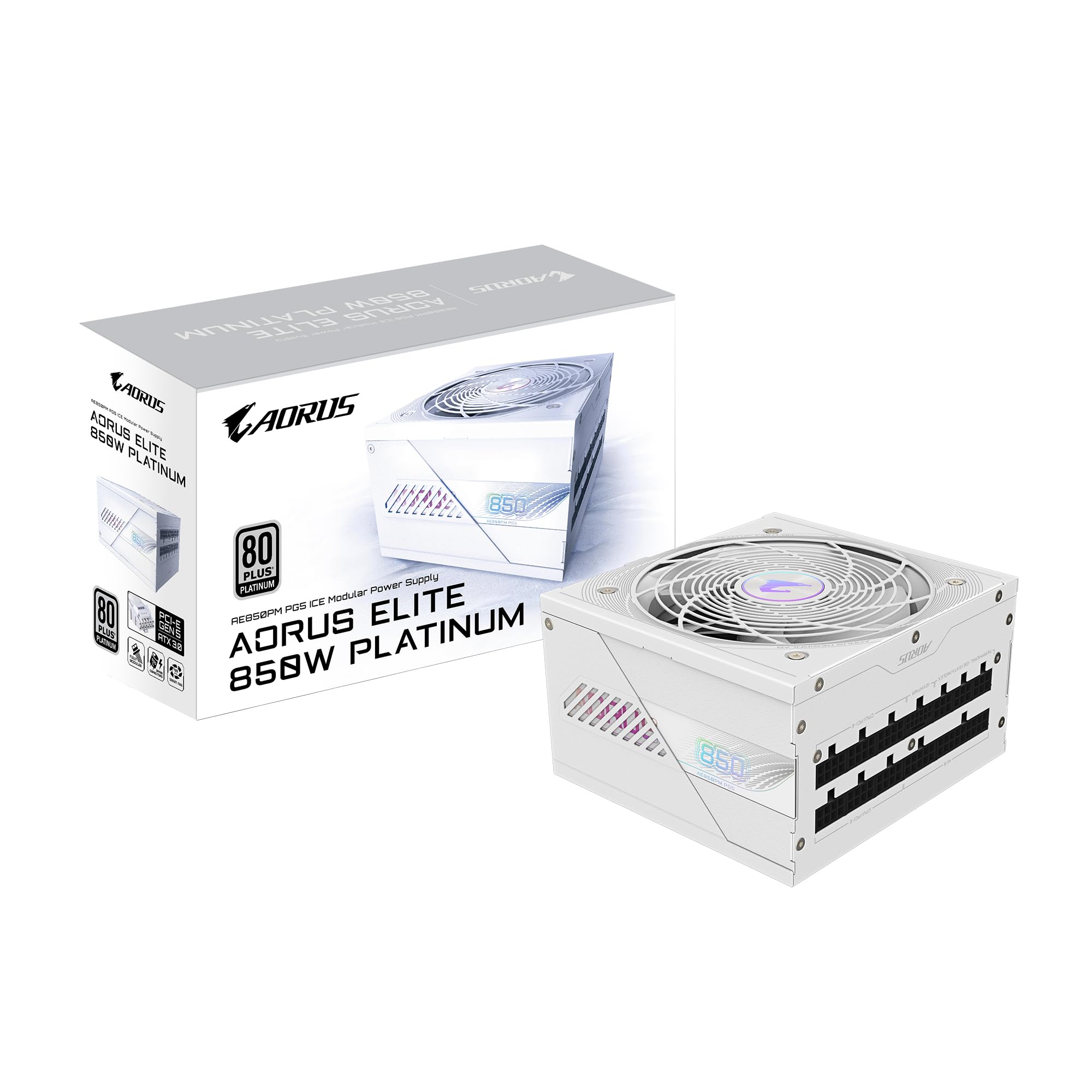 Gigabyte Aorus Elite P850W 80 Plus Platinum Fully Modular Pcie 5.0 Ice Power Supply Unit, Atx 3.0, 12Vhpwr Gpu Connector, Flat Cables, 10 Year Warranty
