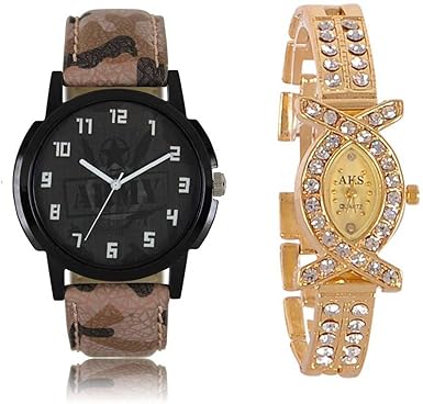 Swadesi Stuff Army Theme Leather Watch & Diamond Studded Gold Color Couple Watch Combo of 2 Watches for Love Birds Men & Women