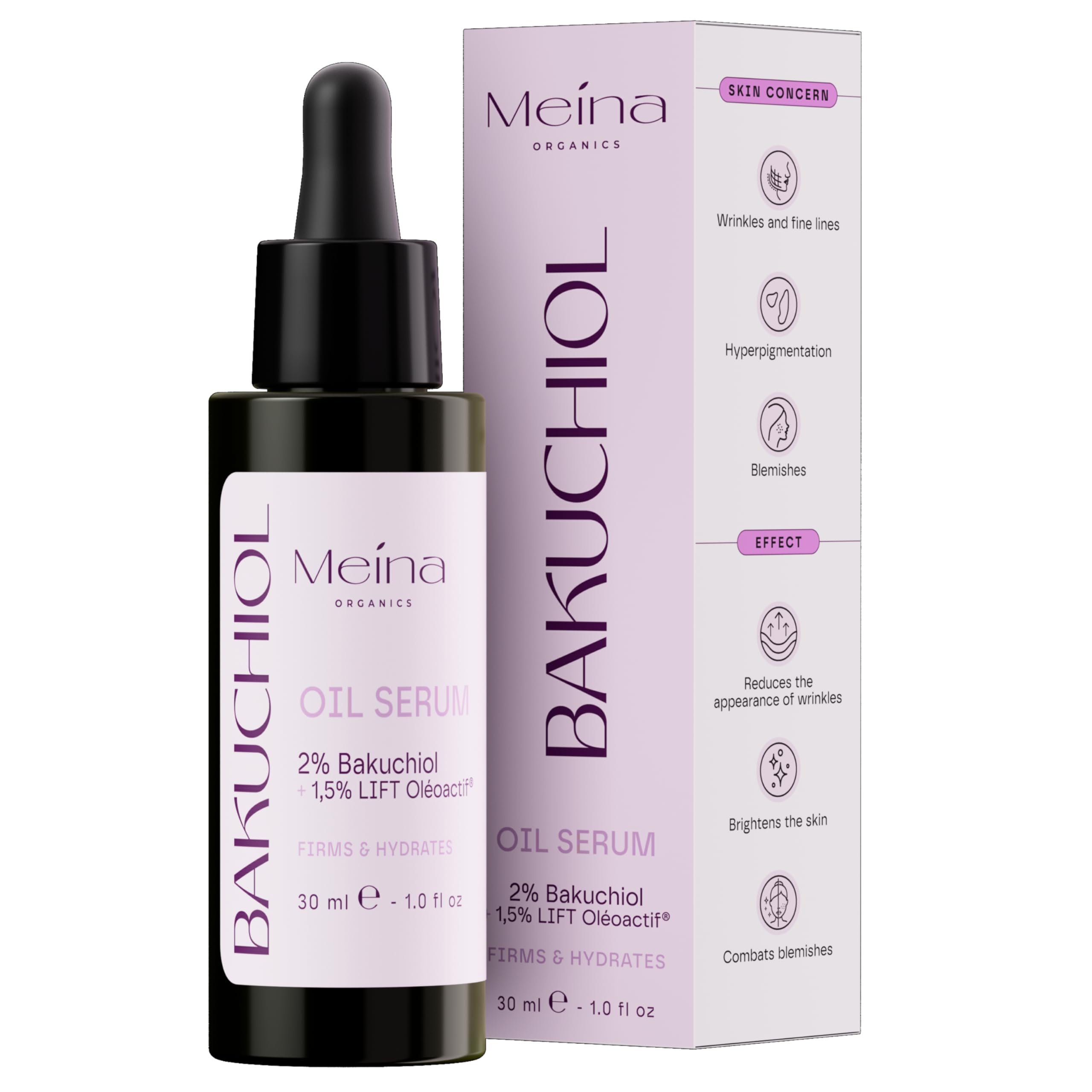 Meina 2% Bakuchiol Oil Serum with LIFT Oléoactif®, Squalane and Coenzyme Q-10, Anti Aging Skincare for Face Rejuvenation, Natural and Gentle Alternative to Retinol, Targets Wrinkles, 30ml