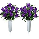 XONOR Artificial Cemetery Flowers, Set of 2 Artificial Rose Bouquet Grave Memorial Flowers with Vase for Cemetery Headstones Decoration (Purple)