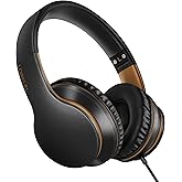 LORELEI X6 Over-Ear Headphones With Microphone, Lightweight Foldable & Portable Stereo Bass With 1.45M No-Tangle Wired for Smartphone Tablet MP3/4 (Black-Gold)