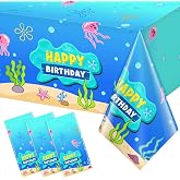 Denwiller 3 Pcs Blue Ocean Birthday Party Tablecloth Decorations, Disposable Happy Birthday Table Cover Blue Ocean Jellyfish Seaweed Tablecloth for Rectangle Table Baby Shower Party Supplies, 108x54&rdquo;