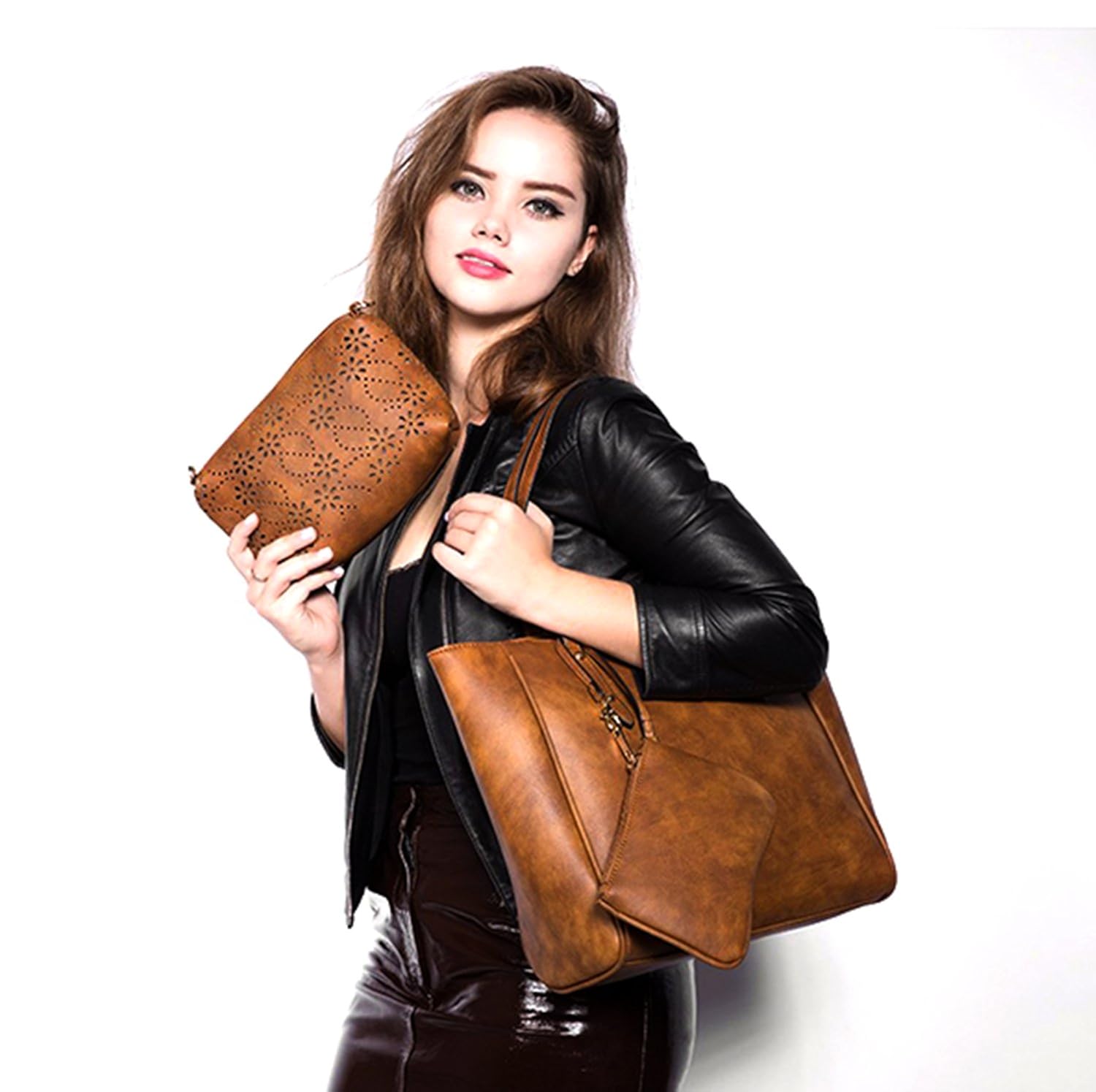 di grazia women's shoulder bag, satchel and coin pouch (brown)