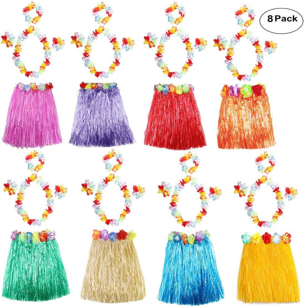 8 Pack Hawaiian Luau Hula Skirts Elastic Grass Hibiscus Flowers Birthday Tropical Party Decorations Favors Supplies Kids Luau Hula Skirts with Floral Lei