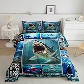 3D Shark Comforter Set,Sea Animals Bedding Set for Kids Girls Women,Adults Shark Geometric Comforter,Grid Squares Quilted Duvet Set Bedroom Collection Twin Size 2Pcs