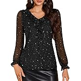 DRESSTELLS Women's Sequin Tops Ruffle V Neck Long Sleeve Double Layers Mesh Sparkly Blouses for Party