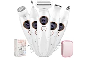 DUMITE 5 in 1 Bikini Trimmer for Women,IPX7 Waterproof Cordless Replaceable Pubic,Eyebrow,Facial Electric Razors&Nose Hair Trimmer&Painless Body Shaver for Arms Legs Underarms,USB Charge,LED Display,Wet&Dry