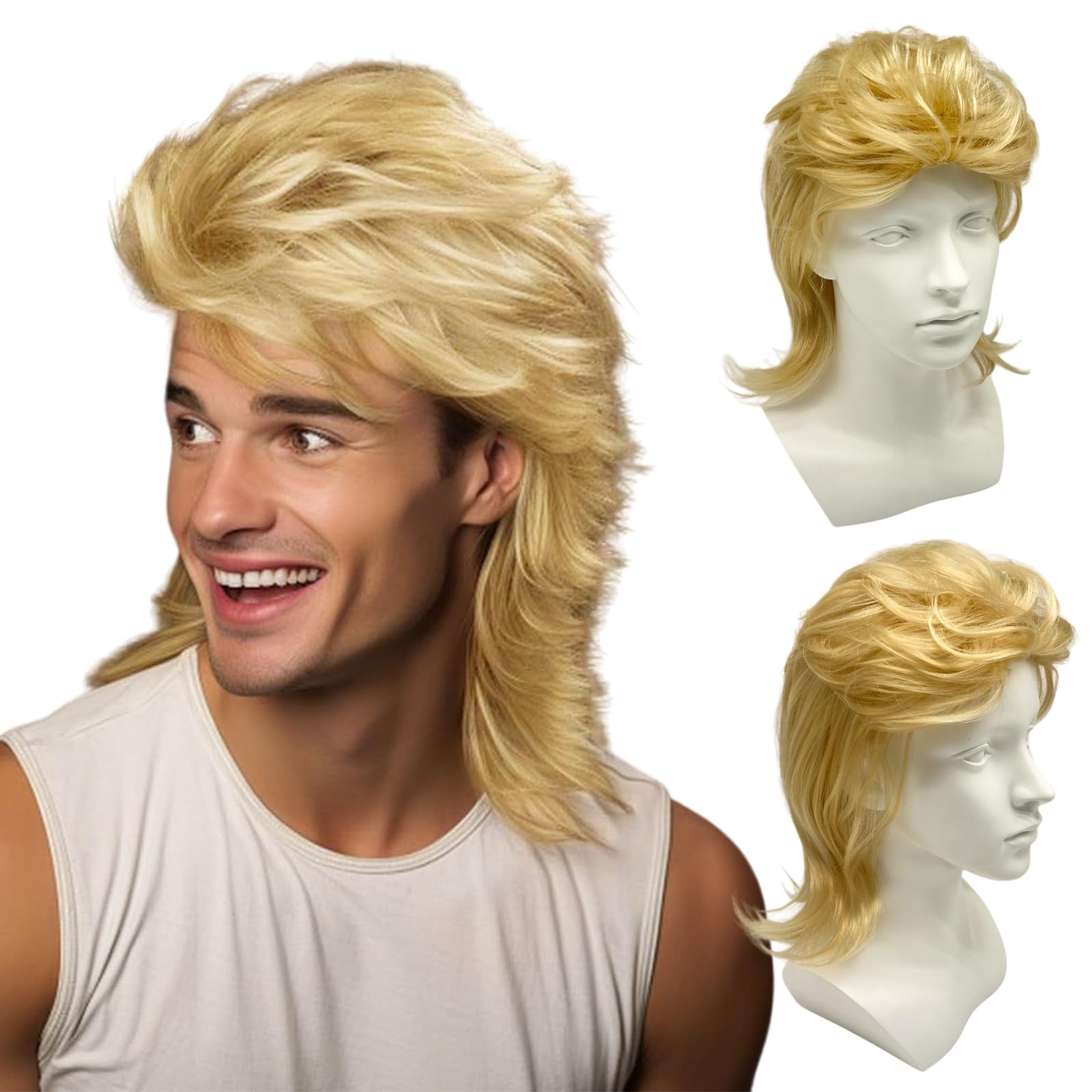 UILYNIU Light Blonde Mullet Mens 80s Wig, Men's Rocker Wig, Mens for Adult, Hippie Pop Rock for Men, Long Curly 70s Costumes Carnival Halloween Costume Wig Fancy Party (Light Blonde)