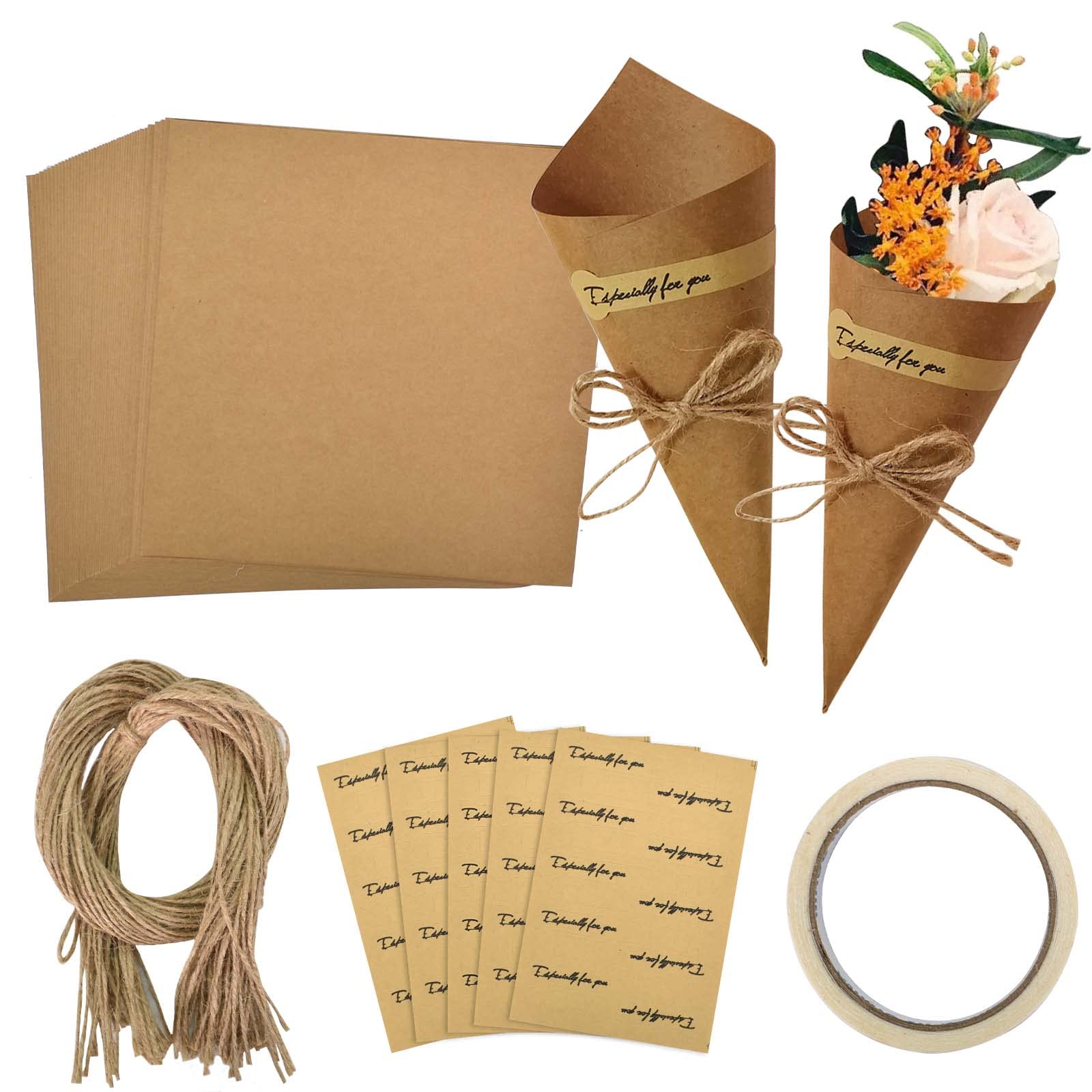 50 Kraft Paper Cones - Retro Wedding Favours with Stickers, Jute String & DIY Paper Party Cones for Dried Flower Confetti & Candies