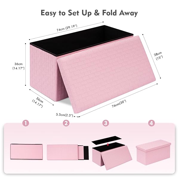 B FSOBEIIALEO FOLDING STORAGE OTTOMAN, FAUX LEATHER FOOTREST SEAT LONG SHOES BENCH BOX CHEST, PINK 30″X15″X15″