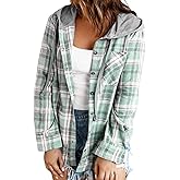 Knemksplanet Women Plaid Hooded Shirt Drawstring Flannel Sweatshirt Hoodie Jacket Casual Button Down Blouse Tops with Pocket