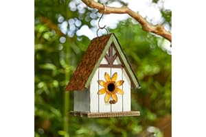 Glitzhome Bird Houses for Outside, Blue Bird Houses for Outdoors, 8.25" H Solid Wood Decorative Hanging Bird House Distressed Cottage Outdoor Garden Birdhouse with 3D Metal Roof and Flower