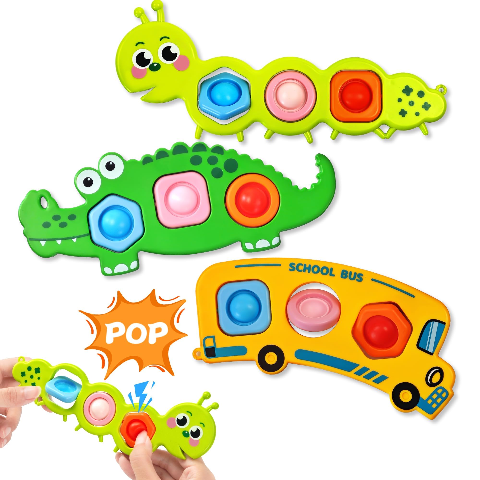 Bambebe 3PC Fidget Popper Sensory Toys, Pop It Toys for Toddlers Autism, Montessori Baby Toys for Airplane Travel Car, for 12+ Months 1 2 3 Year Old Boys & Girls