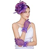 CAIYILA Fascinators Hat Flower Mesh Feathers Headband Derby Hat Clip Tea Party Headwear and Lace Gloves with Bows for Women