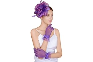 CAIYILA Fascinators Hat Flower Mesh Feathers Headband Derby Hat Clip Tea Party Headwear and Lace Gloves with Bows for Women