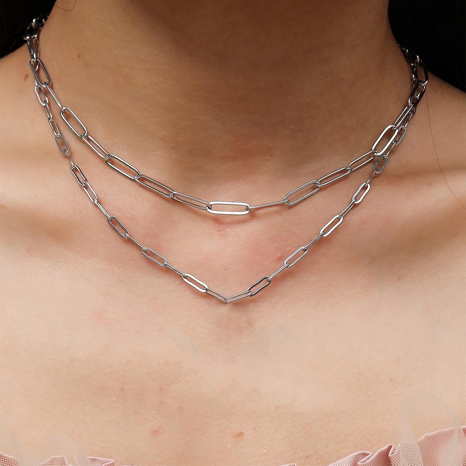 RWQIAN 18k Gold Paperclip Chain Link Necklace Dainty Paperclip Link Chain Layered Necklace Oval Link Chains Initial Necklaces Set for Women Girls (18K Silver Necklace): Clothing