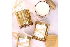 LAMORGIFT 12 Pack Gold Mercury Glass Candle Jars (10oz) with Lids - Candle Makes Accessory Set Including 15 Labels