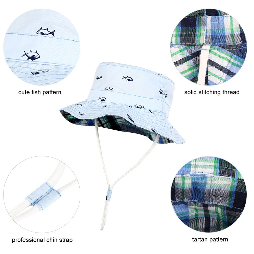 VBIGER Kids Cotton Bucket Hat Reversible Sun Hat Foldable Beach Cap With Adjustable Chin Strap,Aged 1-6