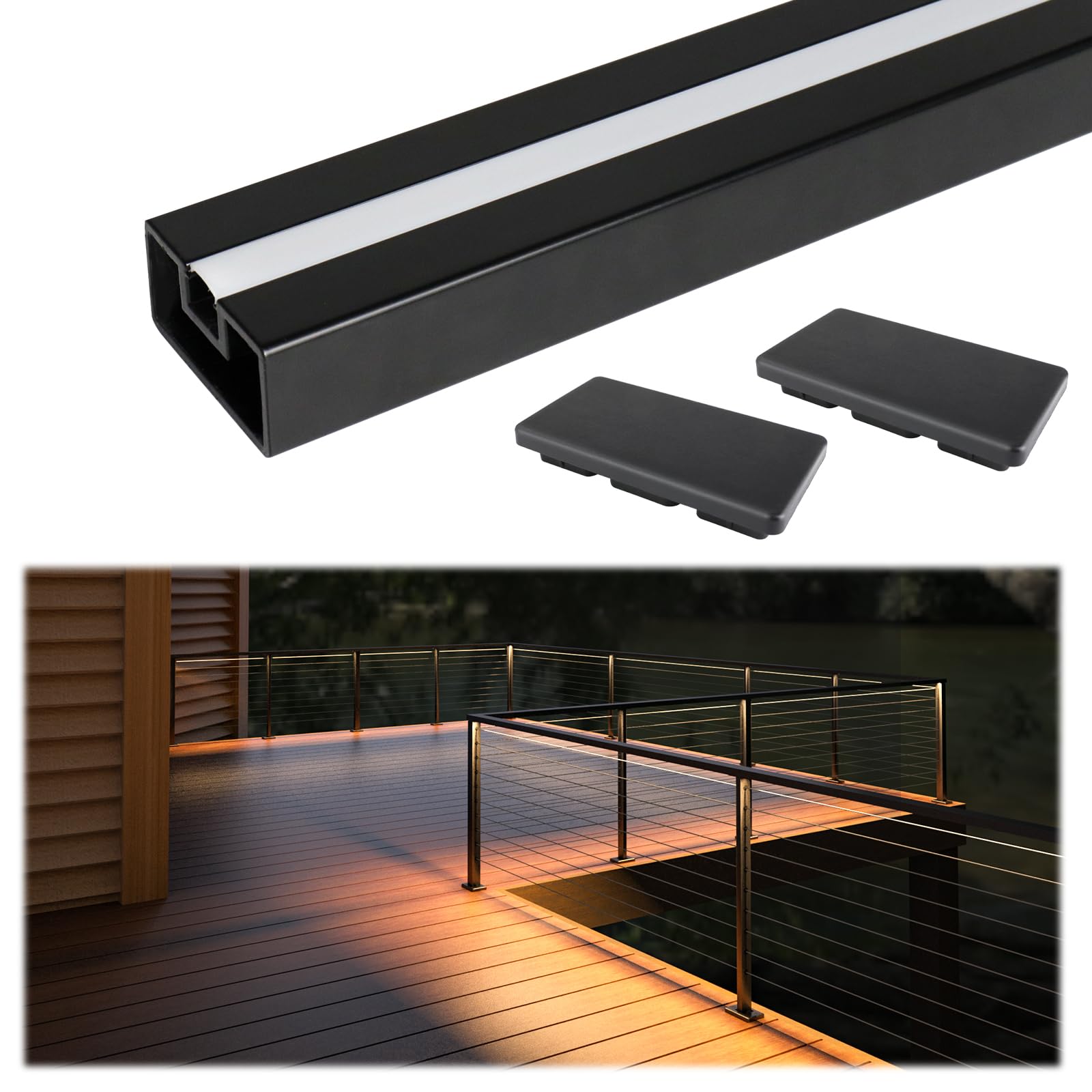 Photo 1 of Muzata 6'6" Aluminum Black LED Handrail Rectangular Cable Railing Handrail for Cable Railing System Top Rail Deck Stair Indoor Outdoor Length Adjustable with Paper User Guide HL11 BPA