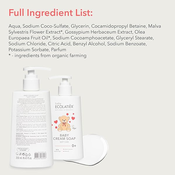 ECOLATIÈR BABY CREAM SOAP – 98% NATURAL, VEGAN, HYPOALLERGENIC BODY WASH & GENTLE BABY SOAP FOR SENSITIVE SKIN, NEWBORN & TODDLER CARE, SOFT & NOURISHING, 8.5 FL OZ