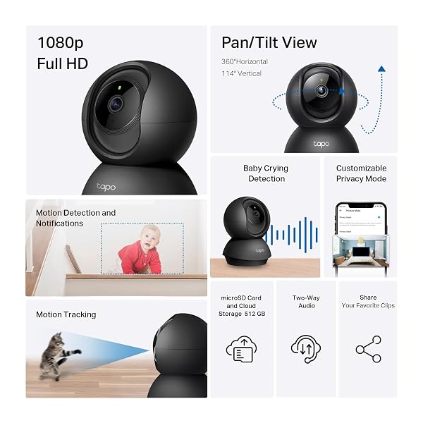 TAPO BY TP-LINK PAN/TILT SECURITY CAMERA FOR BABY MONITOR, PET CAMERA W/MOTION DETECTION, 1080P, 2-WAY AUDIO, NIGHT VISION, CLOUD & SD CARD STORAGE, WORKS WITH ALEXA & GOOGLE HOME, BLACK (TAPO C201)
