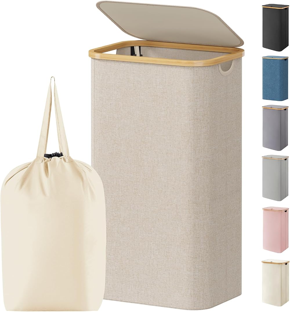 Lifewit 100L Laundry Basket with Lid Bamboo Handles Beige