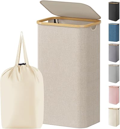 Lifewit 100L Laundry Basket with Lid Bamboo Handles Beige