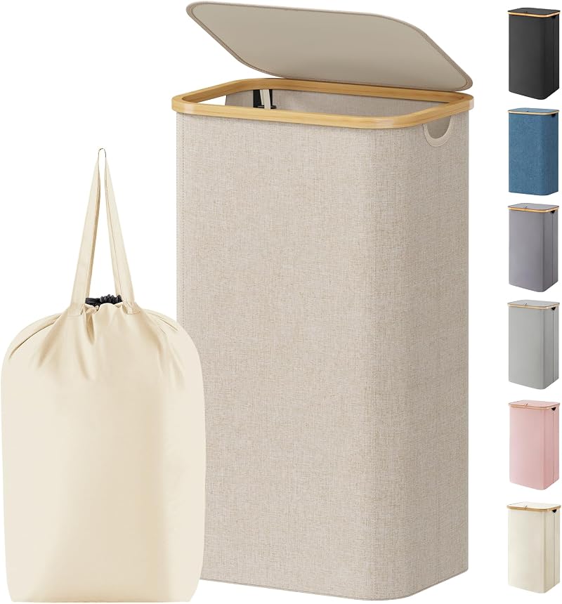 Lifewit 100L Laundry Basket with Lid Bamboo Handles Beige
