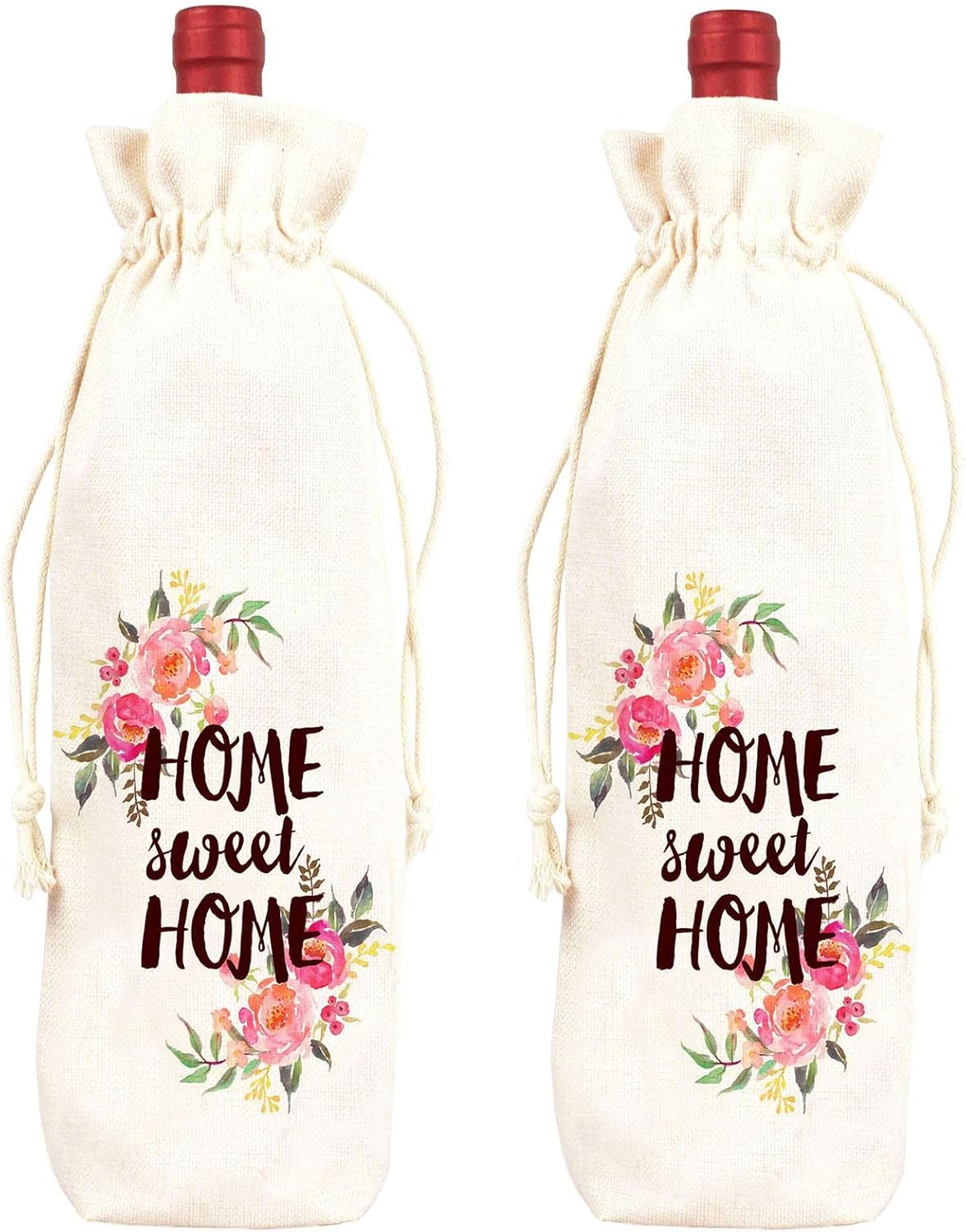 Wine Bag Burlap Bottle Bags Housewarming 2pack with Drawstrings Home Sweet Home Reusable Covers for New Home Gifts Holiday Wedding Travel Party Birthday