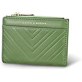 Andiker Slim Wallet for Women, Compact Bifold Women's Wallet with V-shaped Embossing and Zipper Pocket Soft Leather Card Holder for Women (Green)