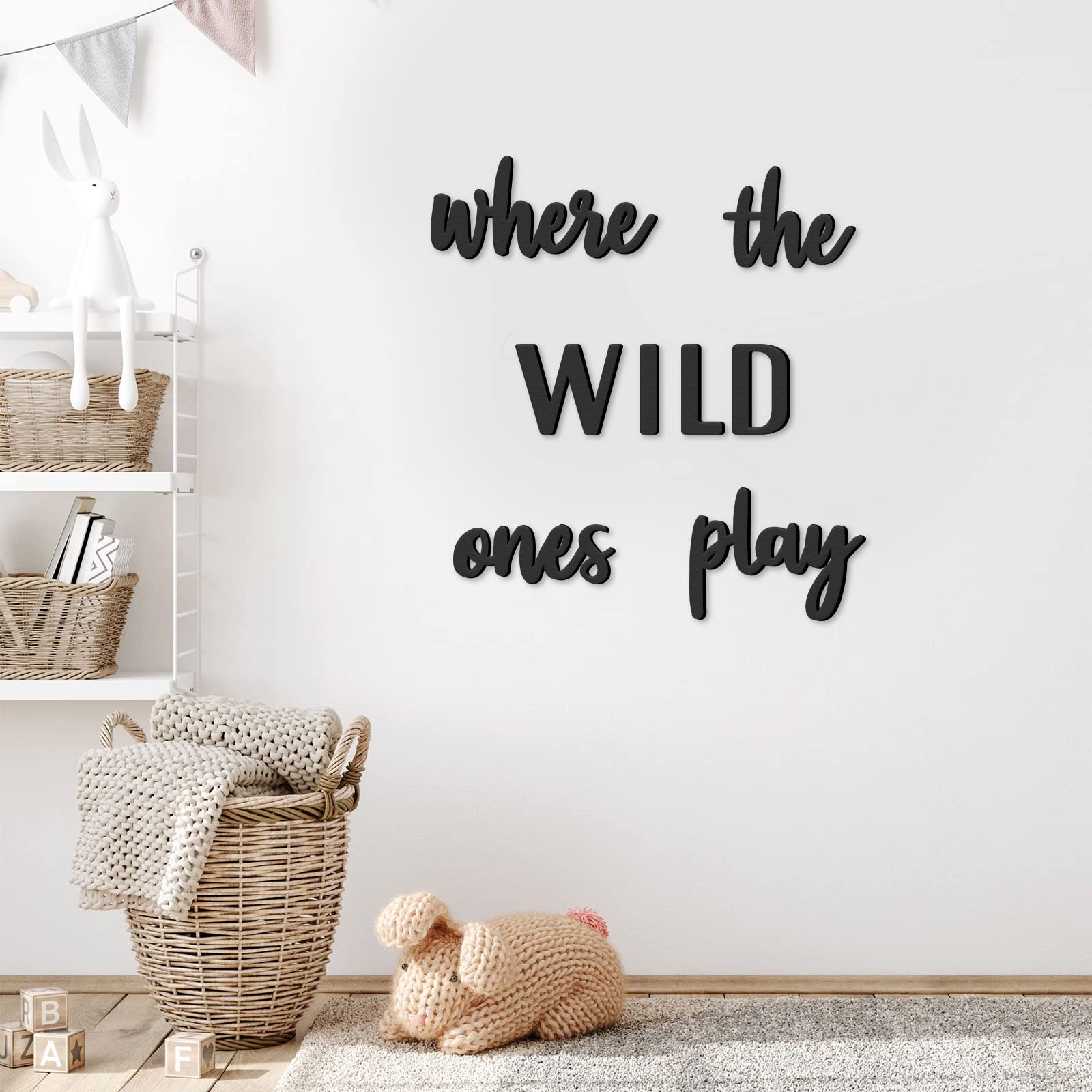Xylolfsty Playroom Wall Decor - Where The Wild Ones Play Sign, Wooden Wall Art for Boys & Girls Toy Room, Toddler Nursery Room, Bedroom Home Word Cutouts, 8 pcs