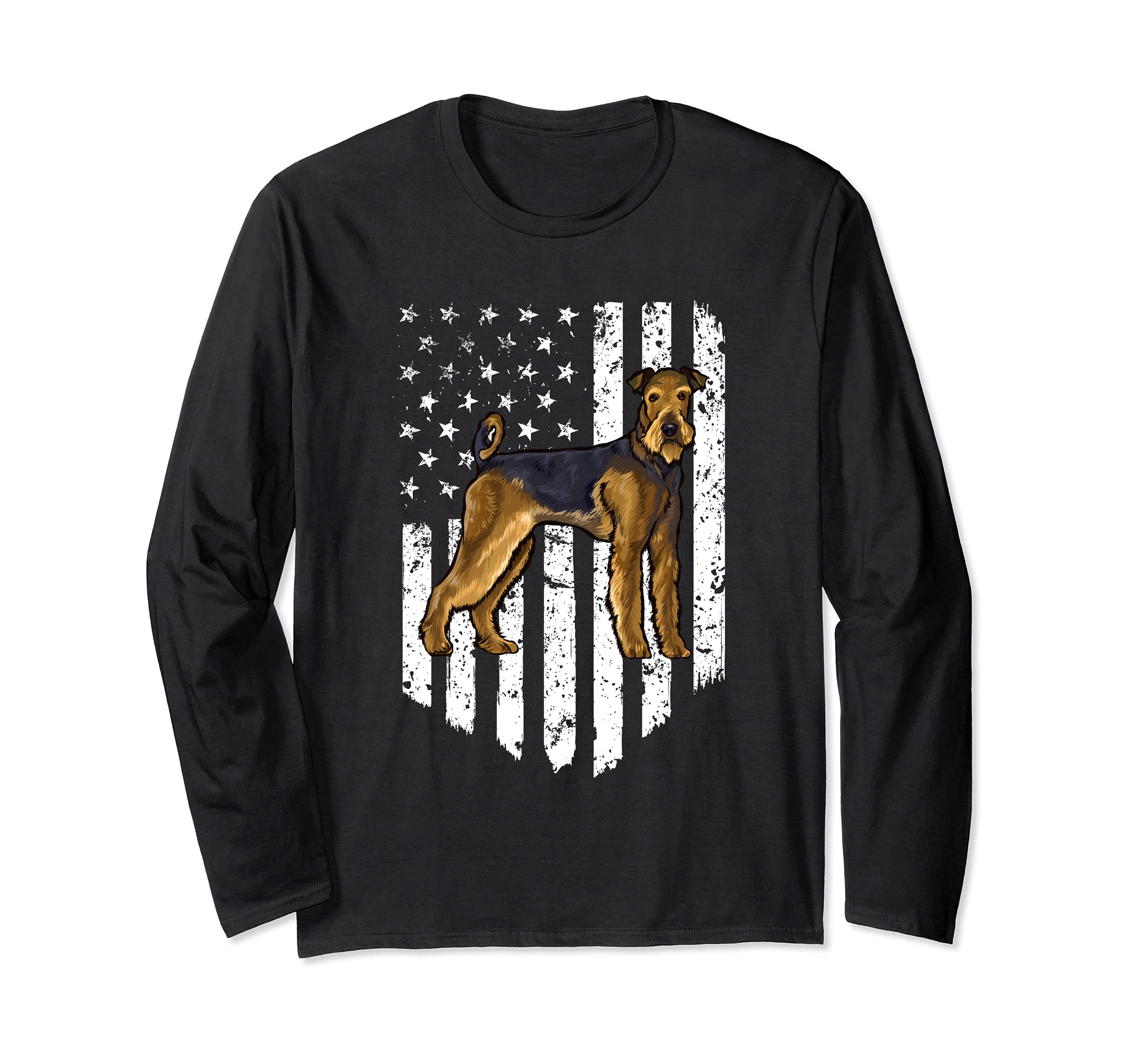 Black White American Flag Airedale Terrier 4th Of July USA Long Sleeve T-Shirt