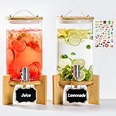 1.2 Gallon Large Glass Drink Dispenser For Parties, Beverage Dispenser with Bamboo Wood Stand and Stainless Steel Spigot, Juice, Lemonade, Water jug dispenser, Laundry Detergent Dispenser (2 PACK)