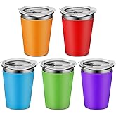Rommeka Kids Cups with Lids, 12oz Stainless Steel Kids Cups with Colorful Silicone Sleeve, Unbreakable Toddler Water Tumblers for Cold & Hot Drinks, Set of 5