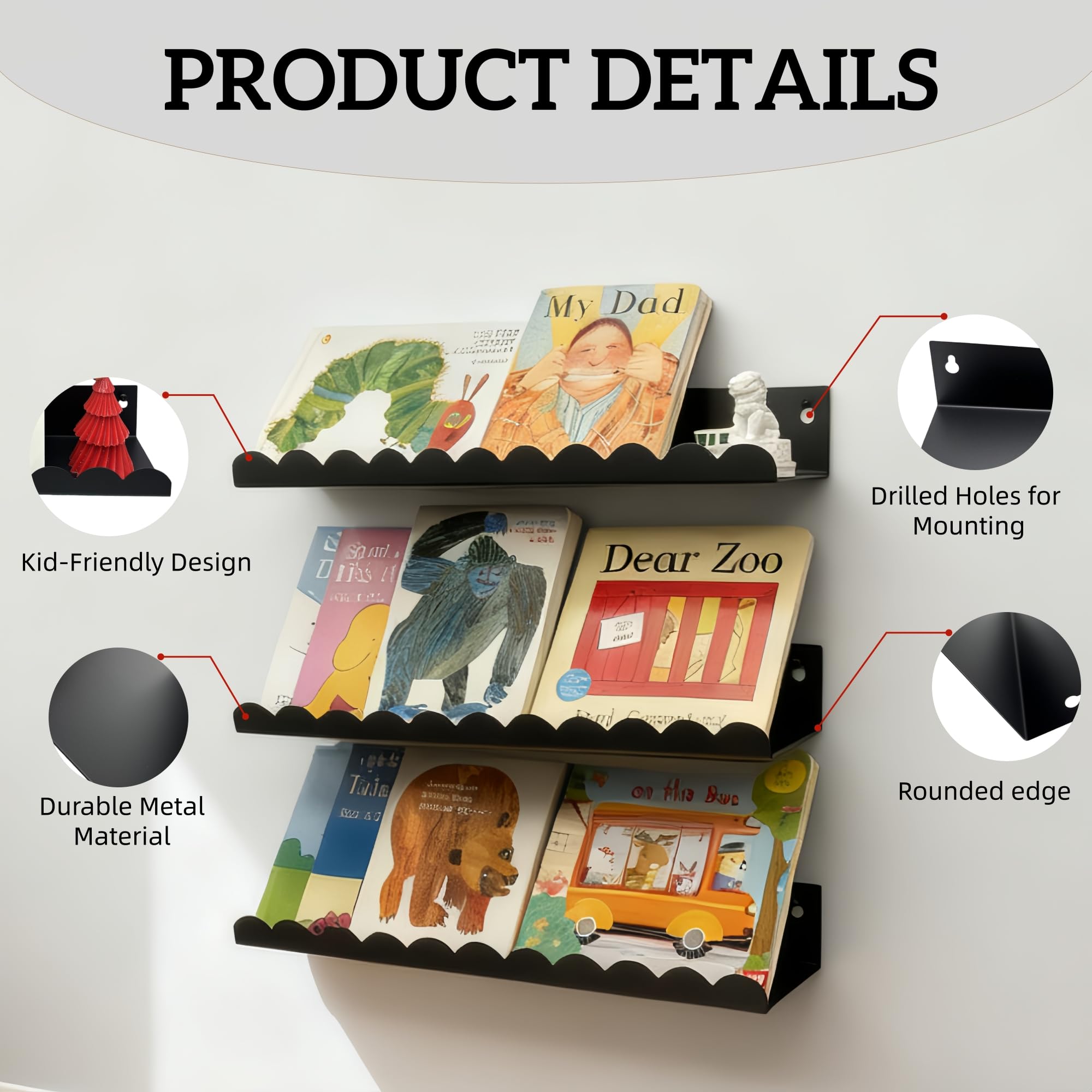 FESTLOVE Nursery Book Shelves Set of 6, Black Metal Floating Shelves for Wall, 16 Inch Scalloped Book Shelf for Kids Room, Bathroom, Bedroom, Playroom Wall Decor & Storage